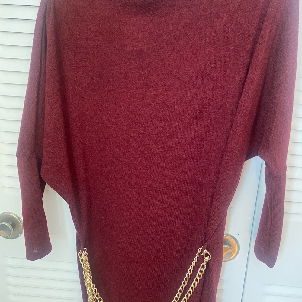 Burgundy sweater dress.